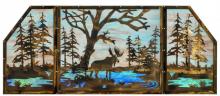 147850 - 72"W X 30"H Moose at Lake 3 Panel Stained Glass Window