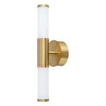  204374A - 2x6W Integrated LED bath/vanity light With brushed gold finish and white glass shades