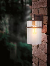  204545A - 1x60W Outdoor waill light with a rust color finish with gold accent and clear seedy g