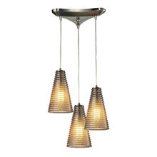  10333/3 - Ribbed Glass 3-Light Triangular Pendant Fixture in Satin Nickel with Amber Ribbed Glass