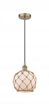  616-1P-AB-G121-8RB - Farmhouse Rope - 1 Light - 8 inch - Antique Brass - Cord hung - Mini Pendant