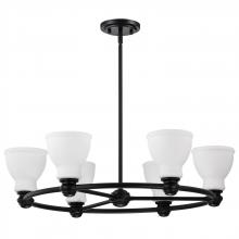  60/8027 - Russel; 6 Light Chandelier; Matte Black with Satin White Glass